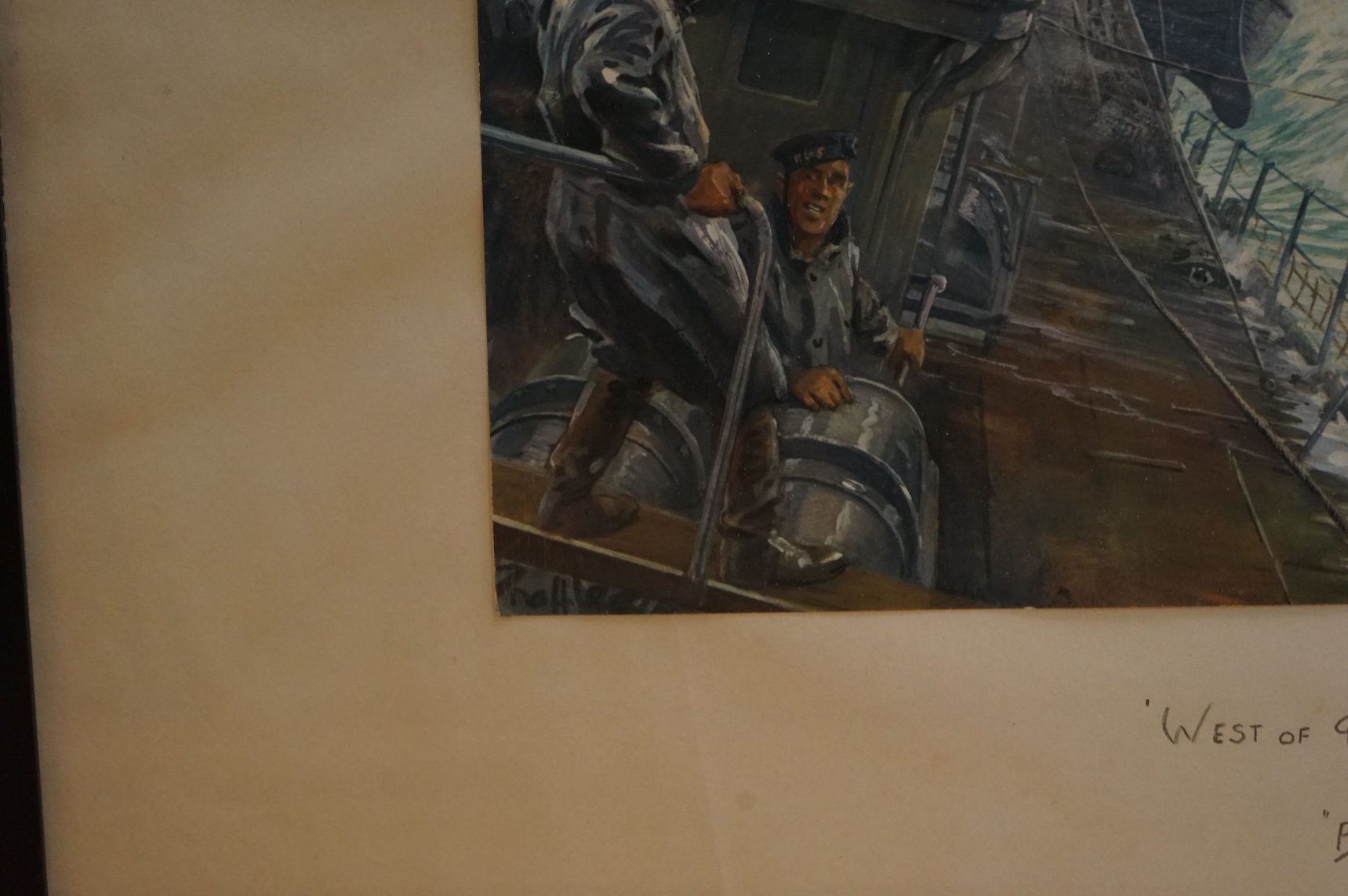 Snaffles’, Charles Johnson Payne (1884-1967), original print, ‘West of Gib and North Across the Bay, Blimey! What a Life!’, WWII Destroyer in heavy sea, crewman looking at flying boat overhead, 49 x 73cm